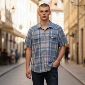 LUCKY BRAND Men's Plaid Short-Sleeve Western Pearl Snap Button Shirt Blue, Large